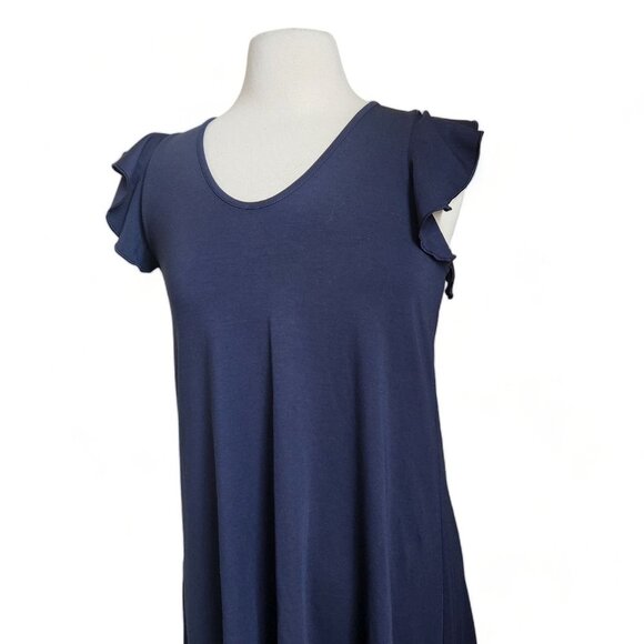 Ann Taylor V Neck Ruffle Flutter Sleeve Midi Maxi Dress Size XS Petite Navy Blue - Picture 2 of 12